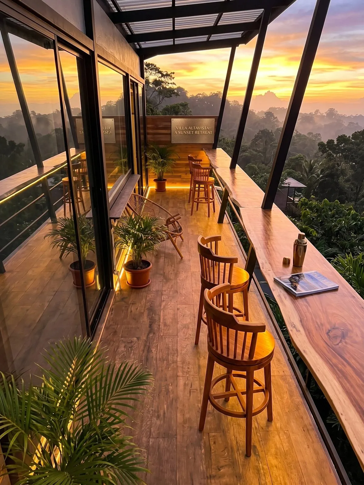 The villa terrace bar at dusk, facing west over the Indian Ocean